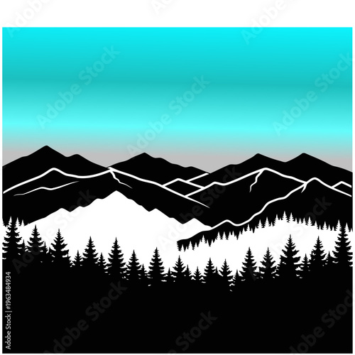 Mountain landscape silhouette with forest and sky gradient, nature scenery, outdoor adventure, travel, wilderness concept