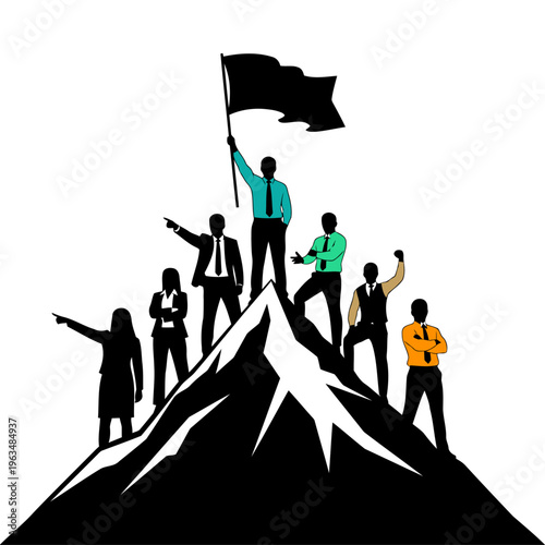 Team success silhouette standing on mountain peak with flag, achievement, leadership, victory, motivation, business concept.