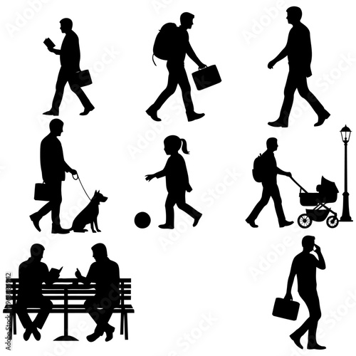 People walking silhouettes set, urban lifestyle, daily activities, movement, city life, social interaction, diverse human actions.