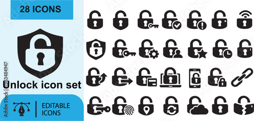 Set of black vector web design icons with lock phone key money and security elements