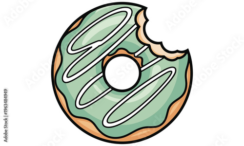 Vector illustration of a bitten green frosted donut with white icing design
