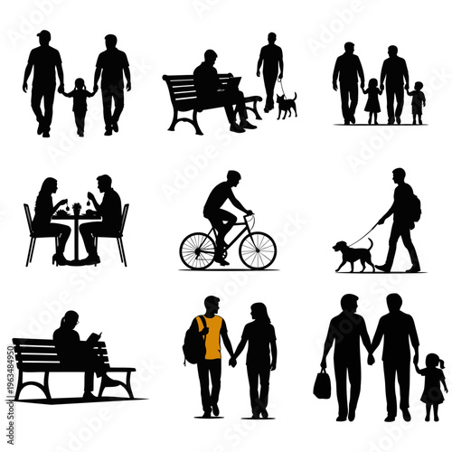 People activity silhouettes set including walking, cycling, family and lifestyle scenes, social interaction and daily life concept