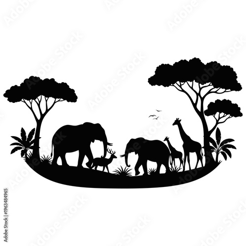 Wildlife safari silhouette with elephants and trees, African nature, animals, jungle, ecosystem, environmental concept.