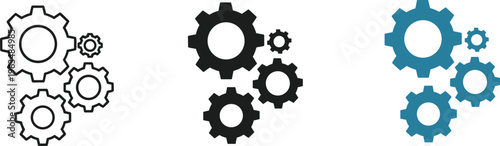 Gears and Cog Wheels Vector Icon Set Featuring Outline Black Silhouette and Blue Mechanical Symbols for Industry Business and Technology