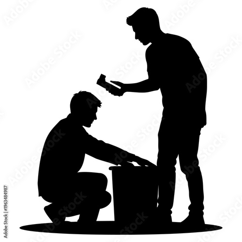 Black silhouette of a cobbler repairing shoes for a customer. Minimalist vector icon set style, isolated on white background for design and infographics.