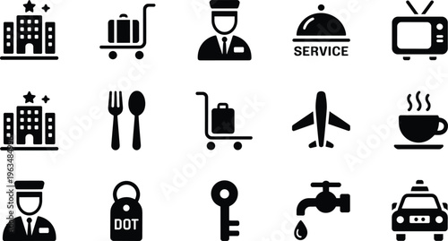 Black silhouette icon set of twelve hotel and travel service symbols, hospitality amenities, dining, transport, security, coffee, entertainment vector design