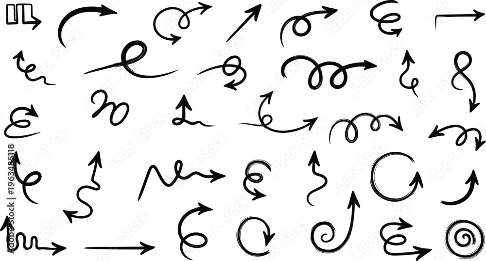 Obraz premium Large Set of Hand Drawn Doodle Arrow Icons with Swirls Loops and Curved Lines for Creative Directional Navigation and Flowcharts