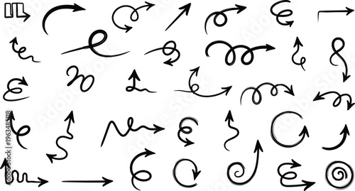 Large Set of Hand Drawn Doodle Arrow Icons with Swirls Loops and Curved Lines for Creative Directional Navigation and Flowcharts