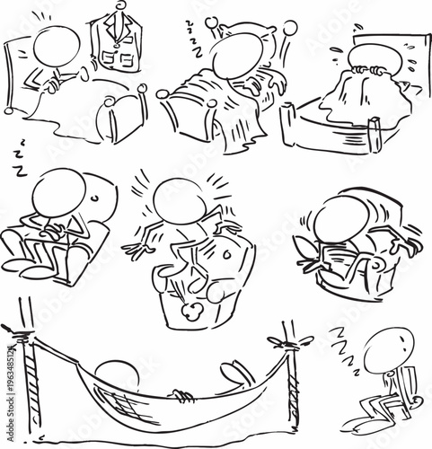 Sketchy Handdrawn Stick Figure Sleeping in Bed Poses Illustration