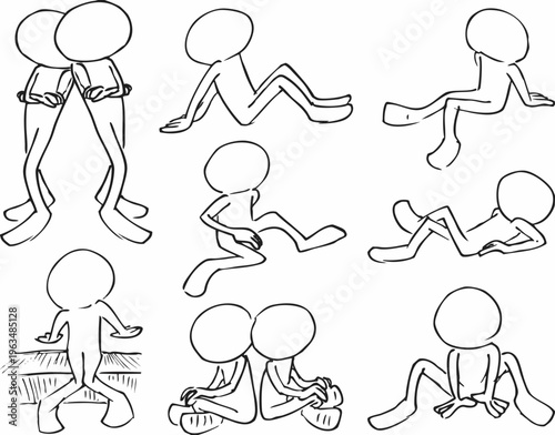 Simple Line Art Stick Figure Posing Sitting Standing Drawing Illustration