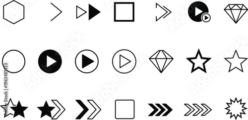 Minimalist UI Icon Set Featuring Geometric Shapes Stars Diamonds Arrows and Play Buttons Isolated on White Background for Web App Design