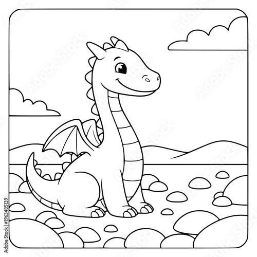 Dragon coloring page for kids showing a cute mythical beast sitting on rocks