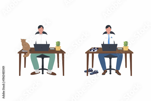 Flat Illustration Businessman Working on Laptop Desk with Different View