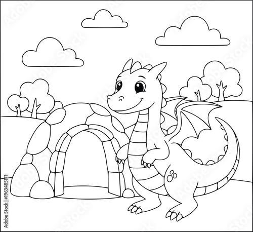  Dragon coloring page for kids with a cute mythical beast and a stone cave