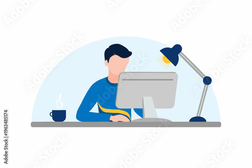 Modern Flat Illustration of a Man Working on a Computer in Office