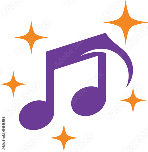 Purple Music Note Vector Icon with Orange Sparkles and Shining Stars Isolated on White Background for Musical Entertainment and 