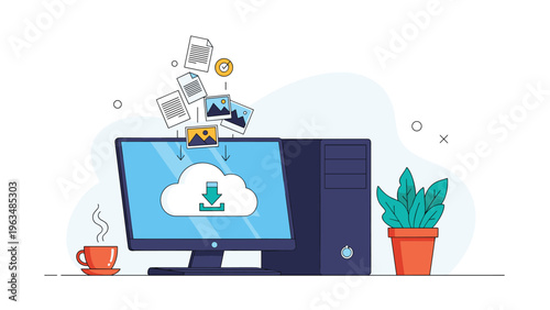 Desktop computer showing a cloud download icon with various document and image files floating towards it for cloud storage service.