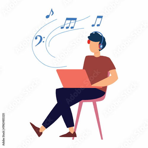 Flat Illustration of Man Listening Music with Headphone and Laptop