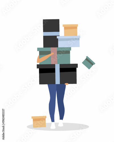 Flat Graphic Person Carrying Stack of Cardboard Boxes Illustration