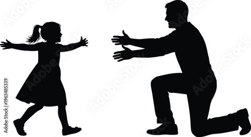 Silhouette of a happy little girl running into her father's open arms for a hug, family love and homecoming concept.
