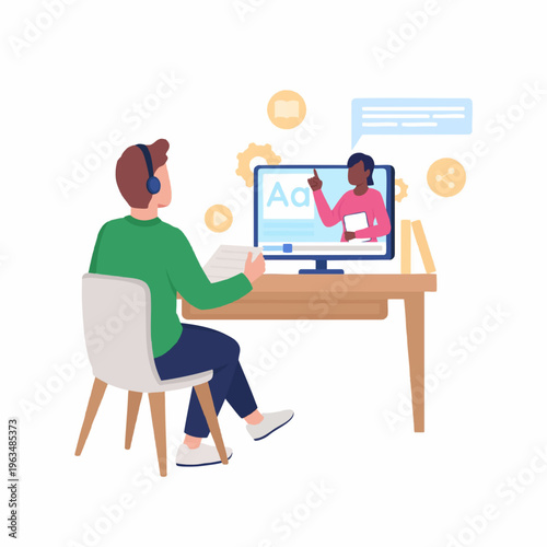 Flat Color Illustration of Male Student Learning from Online Course on Computer