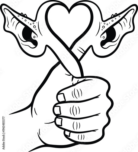 Surreal Hand Holding Intertwined Creature Eyes Forming a Heart Shape Line Art Illustration for Creative Tattoos and Dark Fantasy Decor