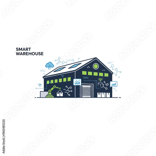 Smart warehouse automation illustration featuring robotics and digital network