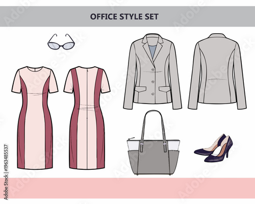 Flat Line Office Style Set Fashionable Clothing and Accessories Icon