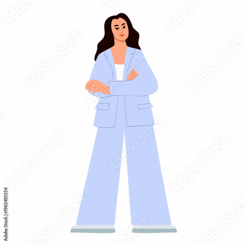 Flat Style Confident Business Woman Standing Pose Full Body Illustration