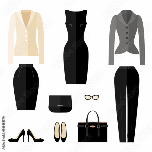 Flat Style Formal Woman Clothes and Accessories Fashion Set Illustration