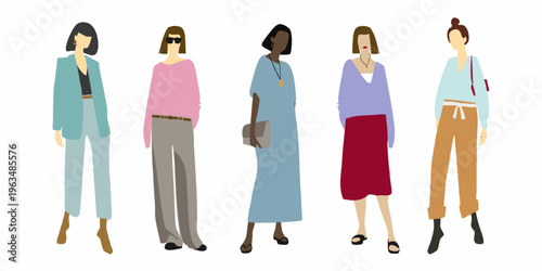 Minimalist Flat Style Group of Woman in Various Fashion Outfit Illustration