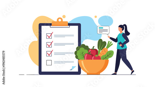 Woman checking off items on a healthy food checklist next to a bowl of fresh vegetables for diet planning and wellness tracking.