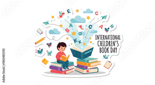 International Children's Book Day Cute Magical Reading Sticker Vector Illustration