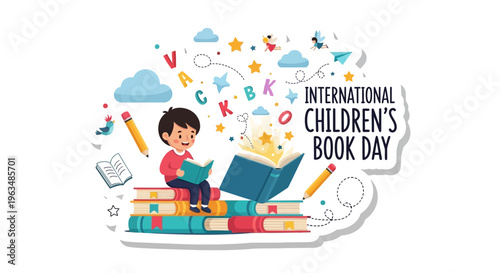 International Children's Book Day Cute Magical Reading Sticker Vector Illustration