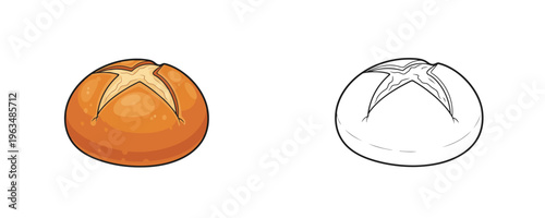 Cartoon style French brioche bun in color and black line art styles showing fresh baked buttery round pastry product for bakery design on white background