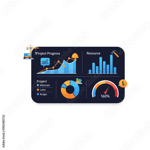 Business dashboard analytics and project progress UI elements vector