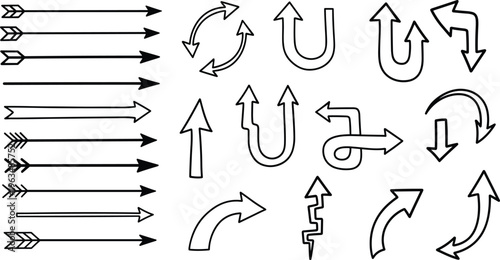Hand Drawn Doodle Arrow Set Featuring Sketched Directional Pointers and Curvy Swirl Symbols Isolated on White Background for Creative Design