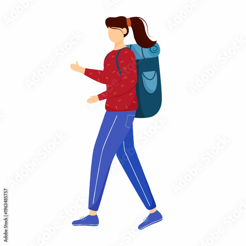 Flat Style Female Hiker with Backpack Walking Illustration Character Design