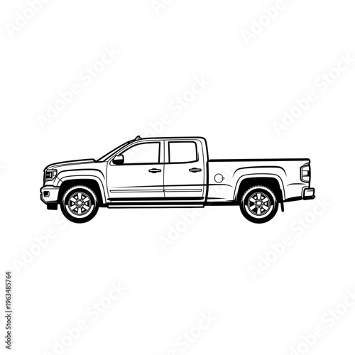 Side view pickup truck line art vector illustration