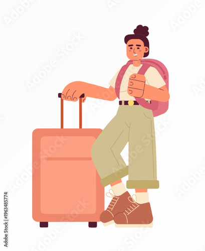 Flat Illustration Female Traveler with Luggage, Ready for Vacation Trip