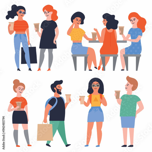 Flat Style People Characters Enjoying Coffee Together in Cafe Illustration