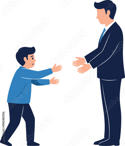 Vector illustration of a sad son reaching for a hug from his businessman father, representing work-life balance and family reconnection.