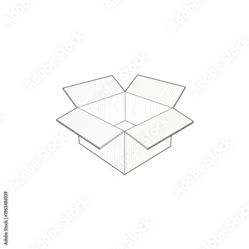 Isometric open cardboard delivery box line drawing