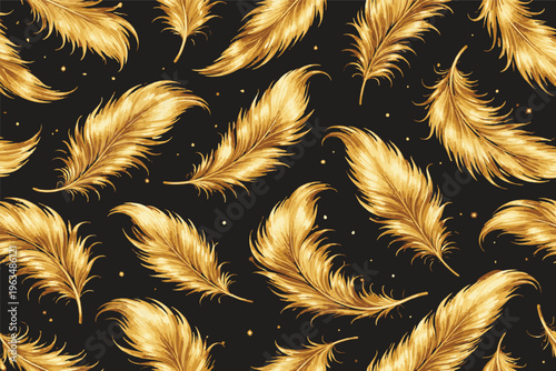 Gold Feather Seamless Pattern on Black
