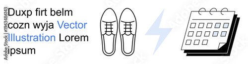Time management, scheduling tasks, energy boost, productivity, organization, planning. Black-and-white shoes, a calendar and a lightning bolt. Time management and energy boost concept