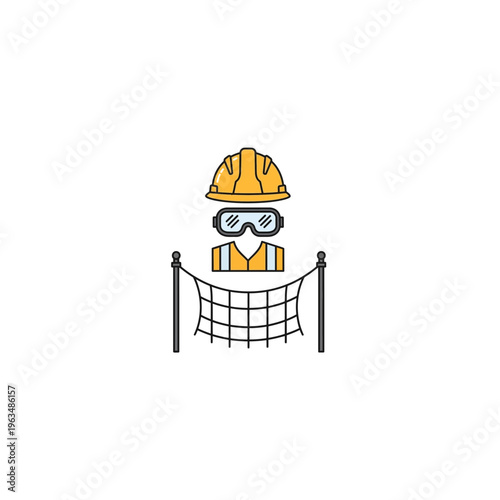 Construction worker safety icon with helmet vest and caution net