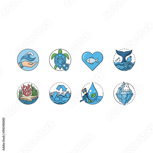 Collection of marine life and ocean ecosystem icons on white background