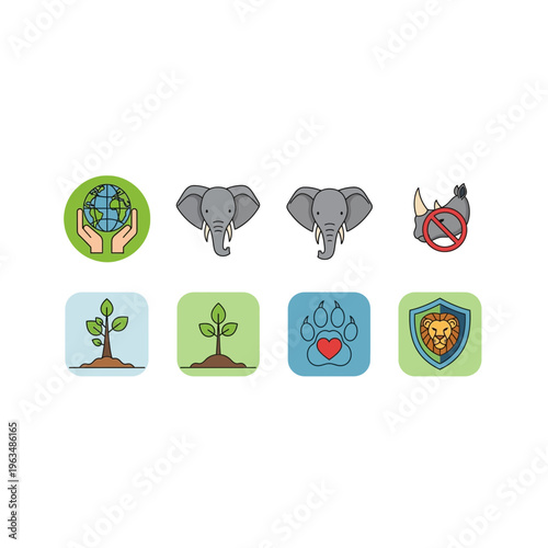 Animal welfare and wildlife protection flat icons set