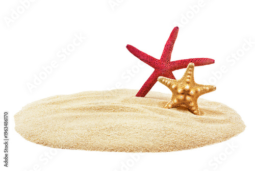 Minimal Starfish Composition on Sand with Copy Space. Clean minimal scene with starfish on sand isolated on white background. Ideal for summer advertising, travel themes, and design layouts.