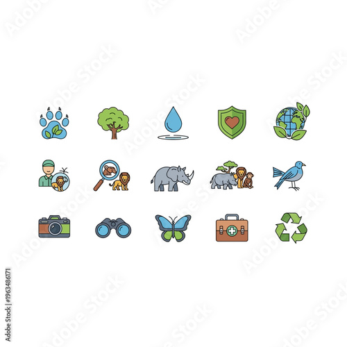 Set of ecology and nature conservation icons for environmental research